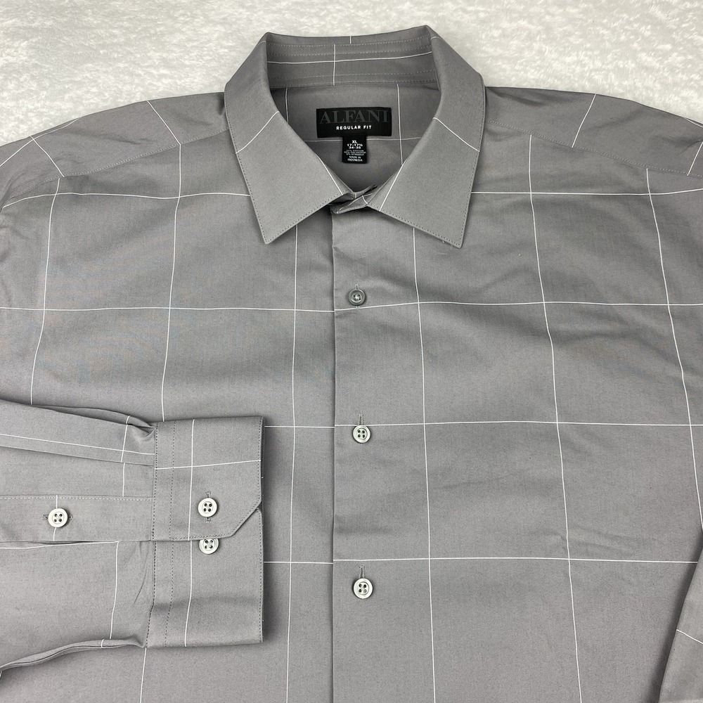 ALFANI Dress Shirt Mens 17.5-34/35‎ Gray w/White Windowpane Checks Regular NWT!